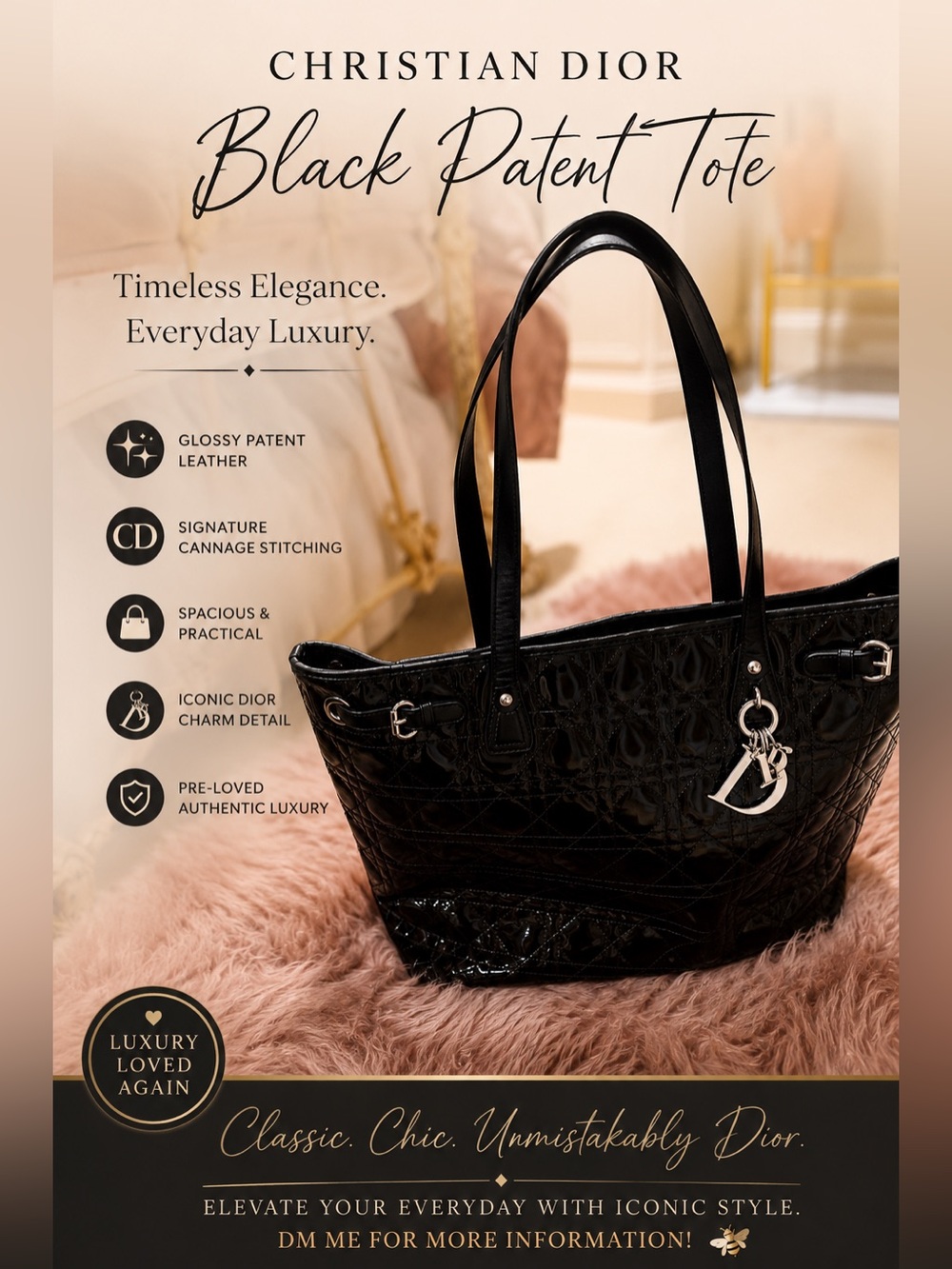 Dior Black Patent Quilted Leather Tote with Silver Charm